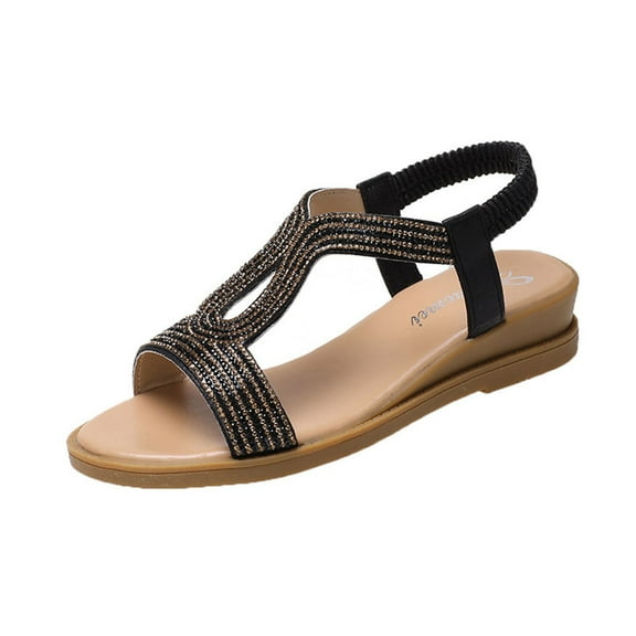 Black Open Toe Flat Sandals Women Round Toe Rhinestone Accent Elastic Back For Everyday Use
