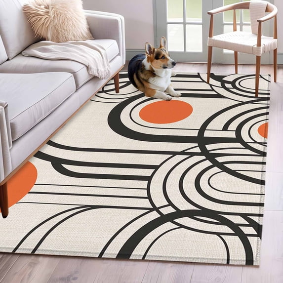 Black Orange Area Rugs 4x6 ft Abstract Line Boho Minimalist Mid Century Arch Geometric Washable Rug Non Slip Indoor Carpet Absorbent Floor Mat for Living Room Bedroom Dining Room