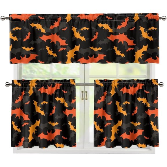 Black Orange Bat Halloween Blackout Curtains for Bedroom 3 Pieces Light Blocking Thermal Insulated Window Drapes Tier Treatments for Kitchen Sink & Mini Cafe Bar