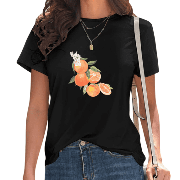 Black Orange Blossom & Fruit Print T-Shirt Women's Casual Loose Fit Short Sleeve Fresh Citrus Aesthetic Graphic Tee Tops S-5XL