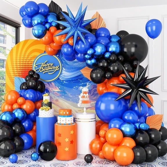 Black Orange Blue Balloon Arch Kit,Royal Blue Black Balloon Garland with Star Foil Balloons for Birthday Graduation Basketball Party Decorations