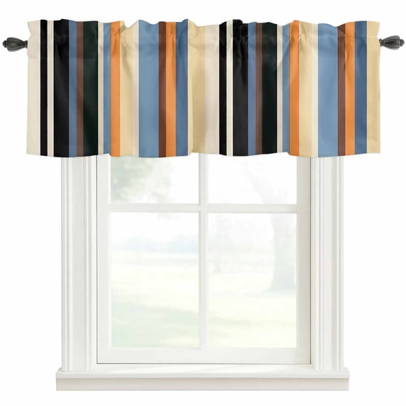 Black Orange Blue Striped Farmhouse Short Window Curtain Valances, Modern Stripes Art Farmhouse Rod Pocket Kitchen Valances for Living Room Bedroom Bathroom Cafe 60" x 18"