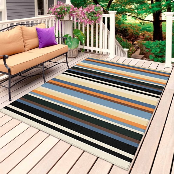 Black Orange Blue Striped Outdoor Rug for Patio/Deck/Porch, Non-Slip Large Area Rug 6 x 9 Ft, Modern Stripes Art Farmhouse Indoor Outdoor Rugs Washable Area Rugs, Reversible Camping Rug Carpet Runner