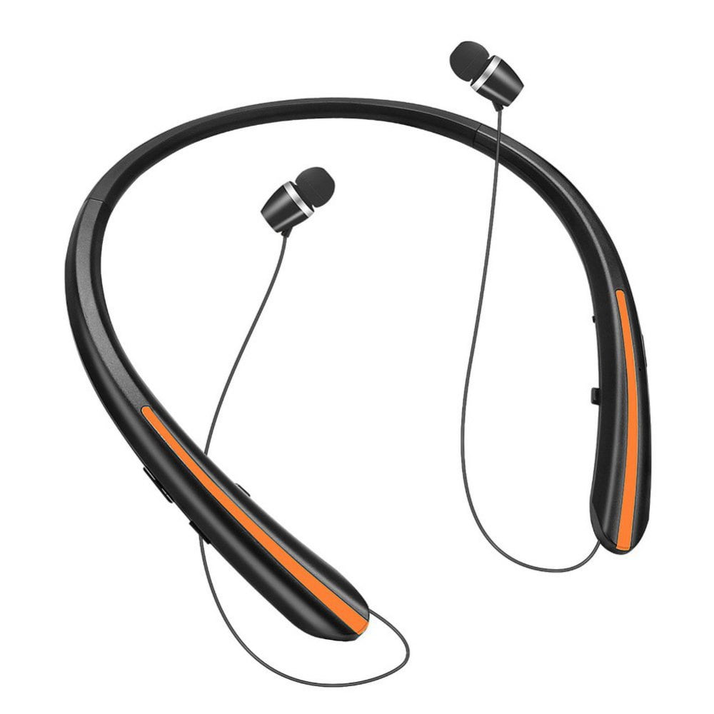 Black Orange Bluetooth Headphones, AMORNO Foldable Wireless Neckband Headset with Retractable Earbuds, Sports Sweatproof Noise Cancelling Stereo Earphones with Mic