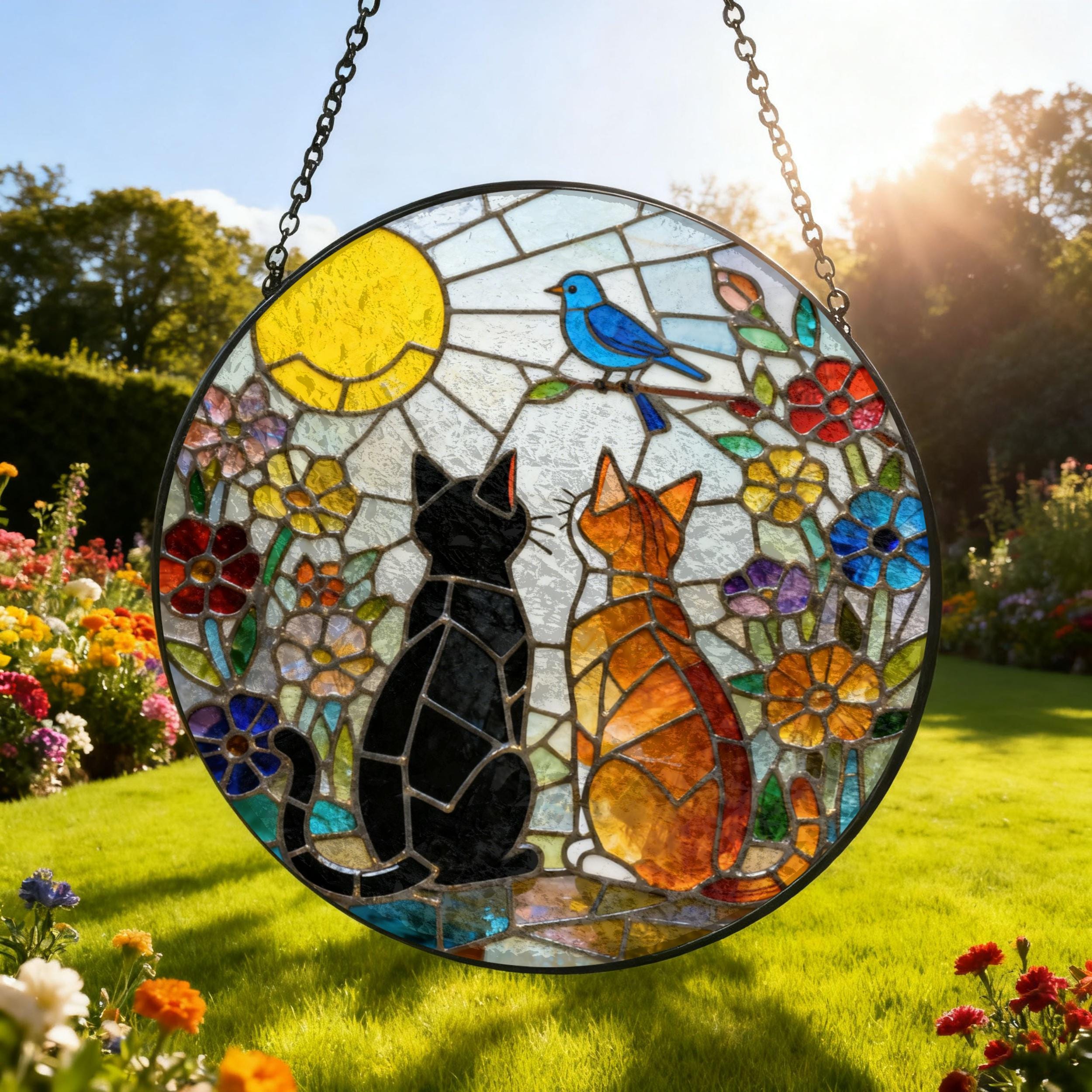 Black Orange Cat Couple Stained Glass Suncatcher Tabby Cat Moon ...