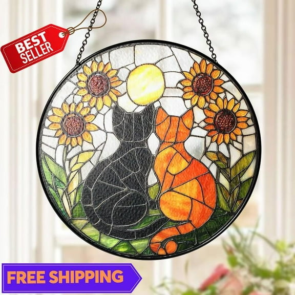 Black & Orange Cat Couple Suncatcher, Glass-Effect Window Hanging with Flowers