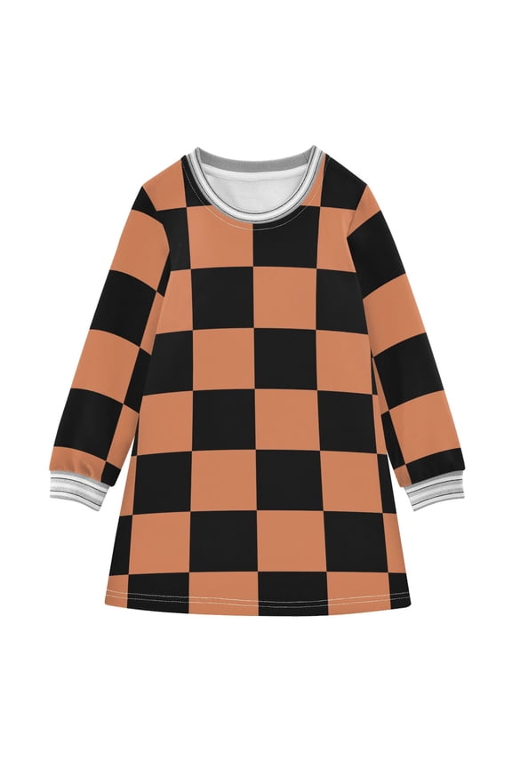 Black Orange Checked Pattern Girls'long-sleeved dress Thickened A-dress Warm Dress Basic Shirt Party Dresses