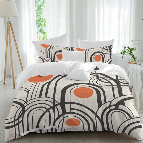 Black Orange Comforter Set California King Size, Abstract Line Boho Minimalist Mid Century Arch Geometric Soft Bedding Set for Man Woman, 4 Pieces Duvet Cover Set with Fitted Sheet, 2 Pillowcases