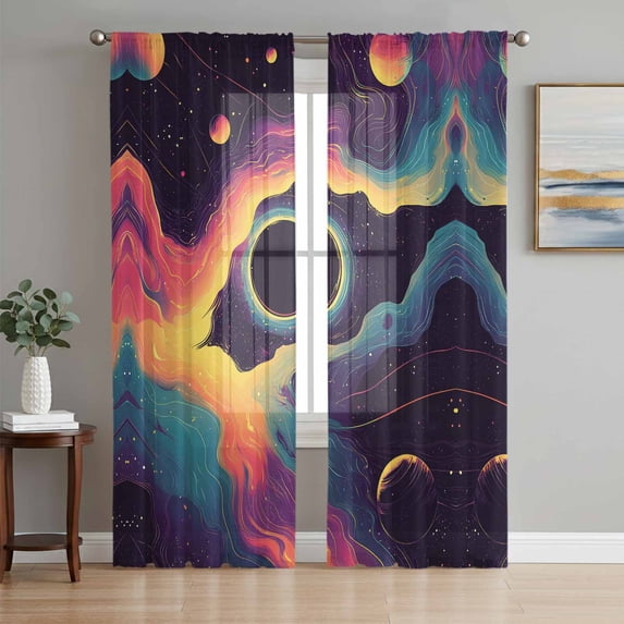 Black Orange Cosmos Sheer Curtains 72 Inch Length 2 Panels Set, Modern Art Aesthetics Voile Window Treatment Rod Pocket Curtains Sheers Drapes for Bedroom/Living Room/Kitchen 52"x72"x2