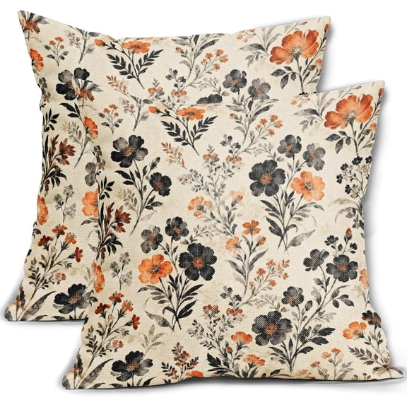 Black Orange Fall Floral Vintage Flowers Print Autumn Halloween Cushion Covers 18x18 Inch Set of 2 Pillow Cases Throw Holiday Farmhouse