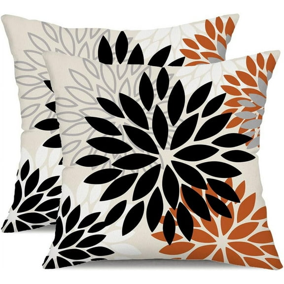 Black Orange Flower Pillow Covers 18x18 Inch Set of 2 Outdoor Throw Pillows Outdoor Waterproof Decor for Living Room Sofa Patio Funiture Garden Floral Polyester Pillow Covers 002V18