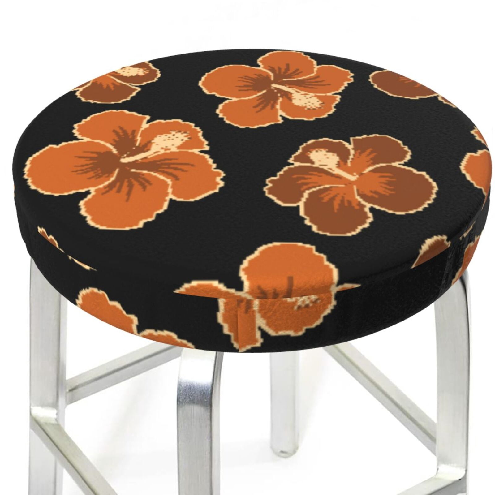 Black Orange Flower Round Bar Stool Seat Covers, Elastic Round Chair ...