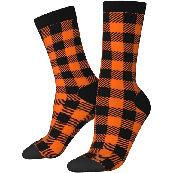 Black Orange Gingham Crew Socks For Men/Women Gifts,Unisex Novelty Casual Dress Socks 3 Black