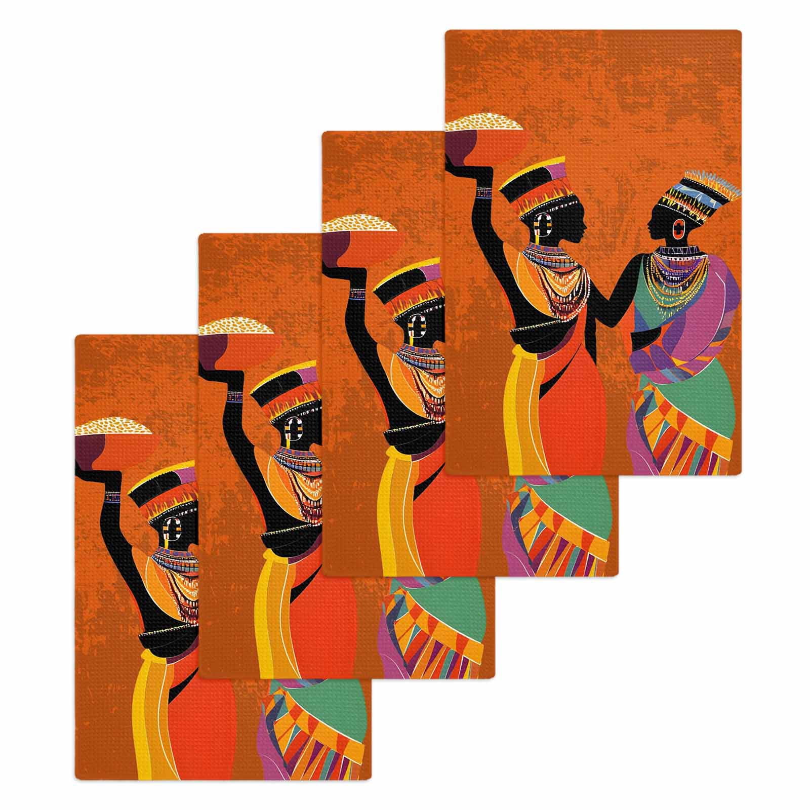 Black Orange Girls Boho Hand Towels Set, Waffle Weave Kitchen Towels 4 Pieces, Retro Ethnic Abstract Art Microfiber Hair Face Bath Tea Towel Absorbent Quick Drying Cleaning Dish Cloths 15.7"x23.6"