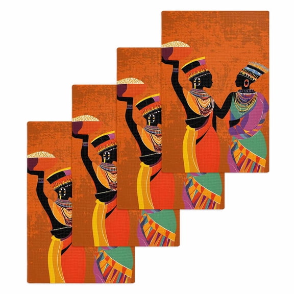 Black Orange Girls Boho Hand Towels Set, Waffle Weave Kitchen Towels 4 Pieces, Retro Ethnic Abstract Art Microfiber Hair Face Bath Tea Towel Absorbent Quick Drying Cleaning Dish Cloths 15.7"x23.6"