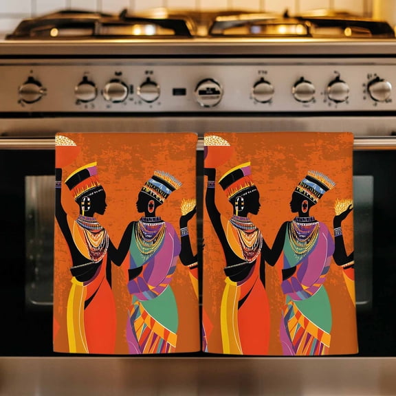 Black Orange Girls Boho Kitchen Towels Set of 4, Retro Ethnic Abstract Art Absorbent Dish Towels for Kitchen, Microfiber Hand Towel, Quick Drying Tea Towel for Cleaning Decorative Dishcloths