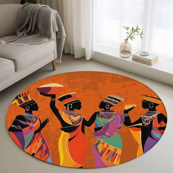 Black Orange Girls Boho Round Area Rug 3.3 FT, Non Slip Small Entryway Kitchen Mat, Retro Ethnic Abstract Art Washable Soft Circular Rug Non-Shedding Door Mat for Bathroom Playroom Kids Room