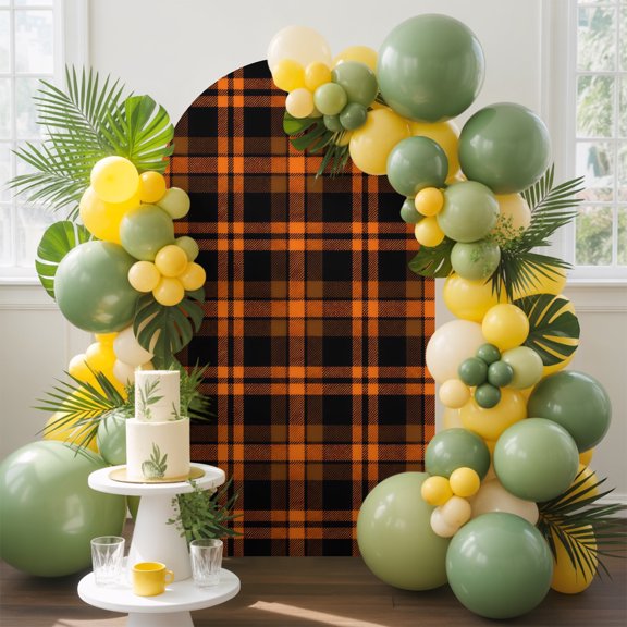 Black Orange Grid Arch Backdrop Cover, 5FT, Fall Minimalist Orange Dark Plaid Stripes Country Spandex Arch Covers Double-Sided Backdrop for Wedding Birthday Party Photo Background Decoration
