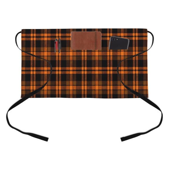 Black Orange Grid Kitchen Restaurant Half Waist Apron, Fall Minimalist Orange Dark Plaid Stripes Country Server Short Apron with 3 Pockets Waterproof Oil Waist Aprons for Women Waitress Waiter