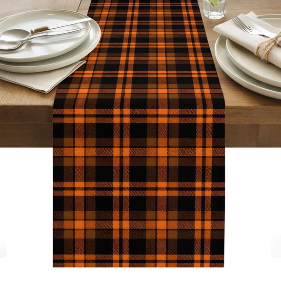 Black Orange Grid Table Runner, Fall Minimalist Orange Dark Plaid Stripes Country Washable Kitchen Table Runners for Dining Table Decorations Party/Restaurant/Indoor Outdoor Use, 13x36in