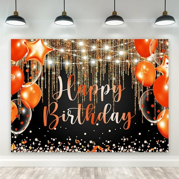 Black Orange Happy Birthday Backdrop Balloon Diamond Sparkle Fluid Lights for Men Women Photography Background Bday Table Decor Banner Studio Photo Shoot