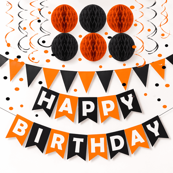 Black Orange Happy Birthday Banner Paper Triangle Flag Bunting Circle Confetti Dots Hanging Garland and Honeycomb Ball Swirl Streamers for Birthday Halloween Party Decoration