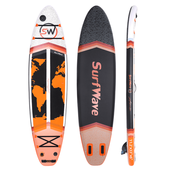 Black Orange High Strength PVC Inflatable Stand Up Paddle Board Complete Accessory Kit, 132"33"6" Anti-Slip Multifunctional SUP Board for Beginner Open Water Beach Water Sports