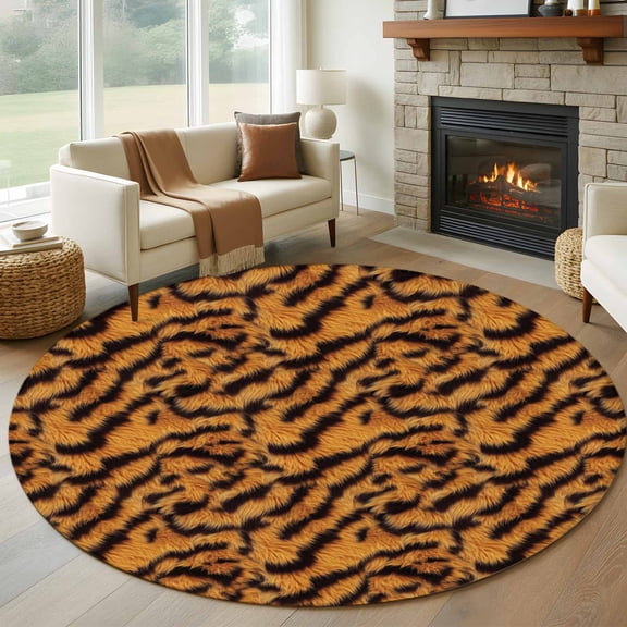 Black Orange Large Round Rug 8 FT, Non Slip Living Room Area Carpet, Vintage Abstract Tiger Stripes Fur Patterned Washable Soft Circle Rug Non-Shedding Floor Carpet for Bedroom Office Dining Room