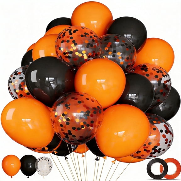 Black and Orange Latex Balloons Set 68Pcs 12 Inch Confetti Balloon with Ribbons Reusable Fade Resistant Style for Halloween Graduation Party Decorations