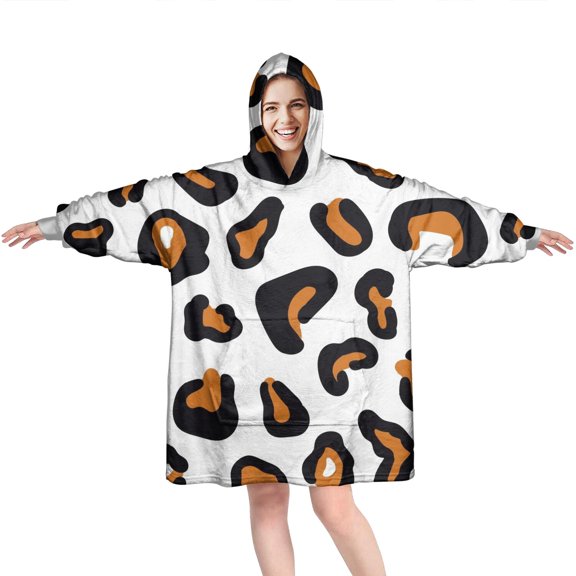 Black and Orange Of Leopard Print Wearable Oversized Blanket,Wearable Blanket Hoodie for Adults,Cozy Hooded Blankets with Super Pockets,Super Warm Fuzzy Pullover for Women & Men