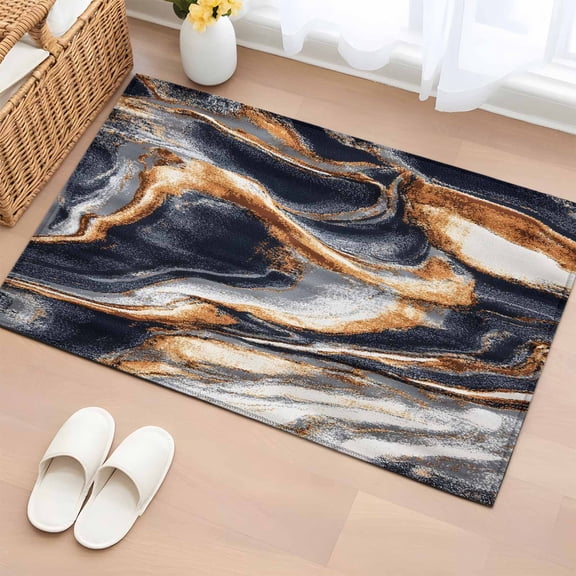 Black Orange Marble Bathroom Rug Washable 2x3 Entryway Rug Non Slip Vintage Stone Texture Front Door Mat Low Pile Indoor Doormat Throw Floor Carpet for Kitchen Bedroom Entrance