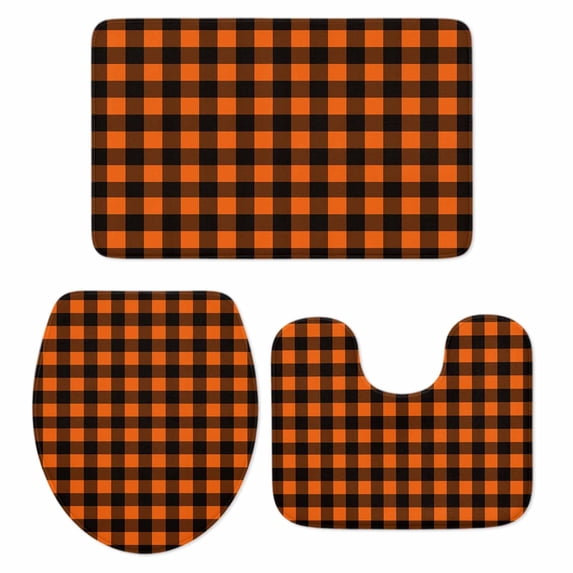 Black Orange Plaid Bath Mat 3 Piece Bathroom Rug Set, Farmhouse Buffalo Check Gingham Non Slip Bath Rug Contour Mat and Toilet Lid Cover, Absorbent Shower Mats Soft Bath Rugs and Mats Sets