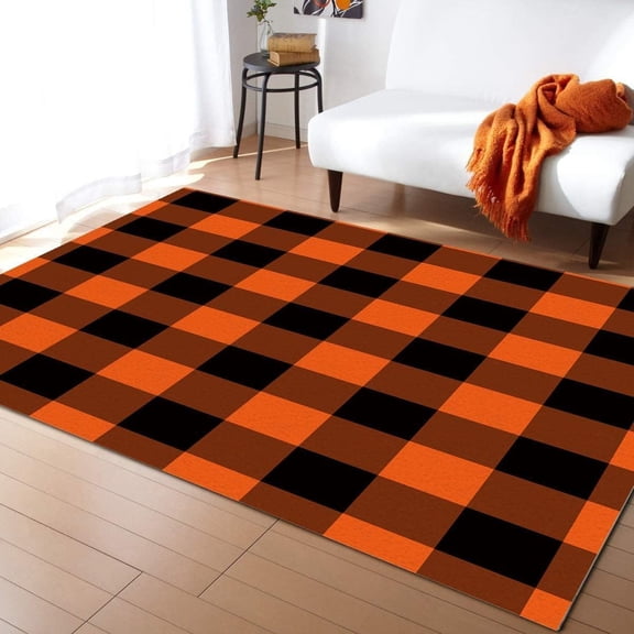 Black And Orange Plaid Buffalo Area Rug Halloween Theme Living Room Rugs, Machine Washable Breathable Durable Carpet For Room Sofa Living Room Mat Bedroom Home Decor Floor Mats 3x4ft