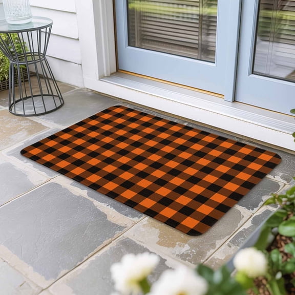 Black Orange Plaid Door Mat Indoor Outdoor, Farmhouse Buffalo Check Gingham Non Slip Welcome Mat with Rubber Backing, Absorbent Fabric Front Door Mats Entryway Rug for Home Patio Entrance 24"x36"