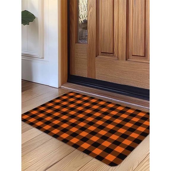 Black Orange Plaid Door Mat Indoor Outdoor Entrance, Non Slip Small Rug for Kitchen Bathroom Entryway Rug, Farmhouse Buffalo Check Gingham Washable Doormat Floor Mat 16x24 Inch