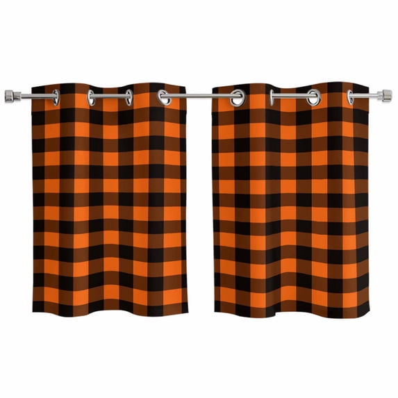 Black Orange Plaid Kitchen Curtains Small Short 39 Inch Length, Farmhouse Buffalo Check Gingham Grommet Top Bedroom Living Room Curtains, Light Filtering Cafe Curtain Drapes 2 Panels Set 55''x39''
