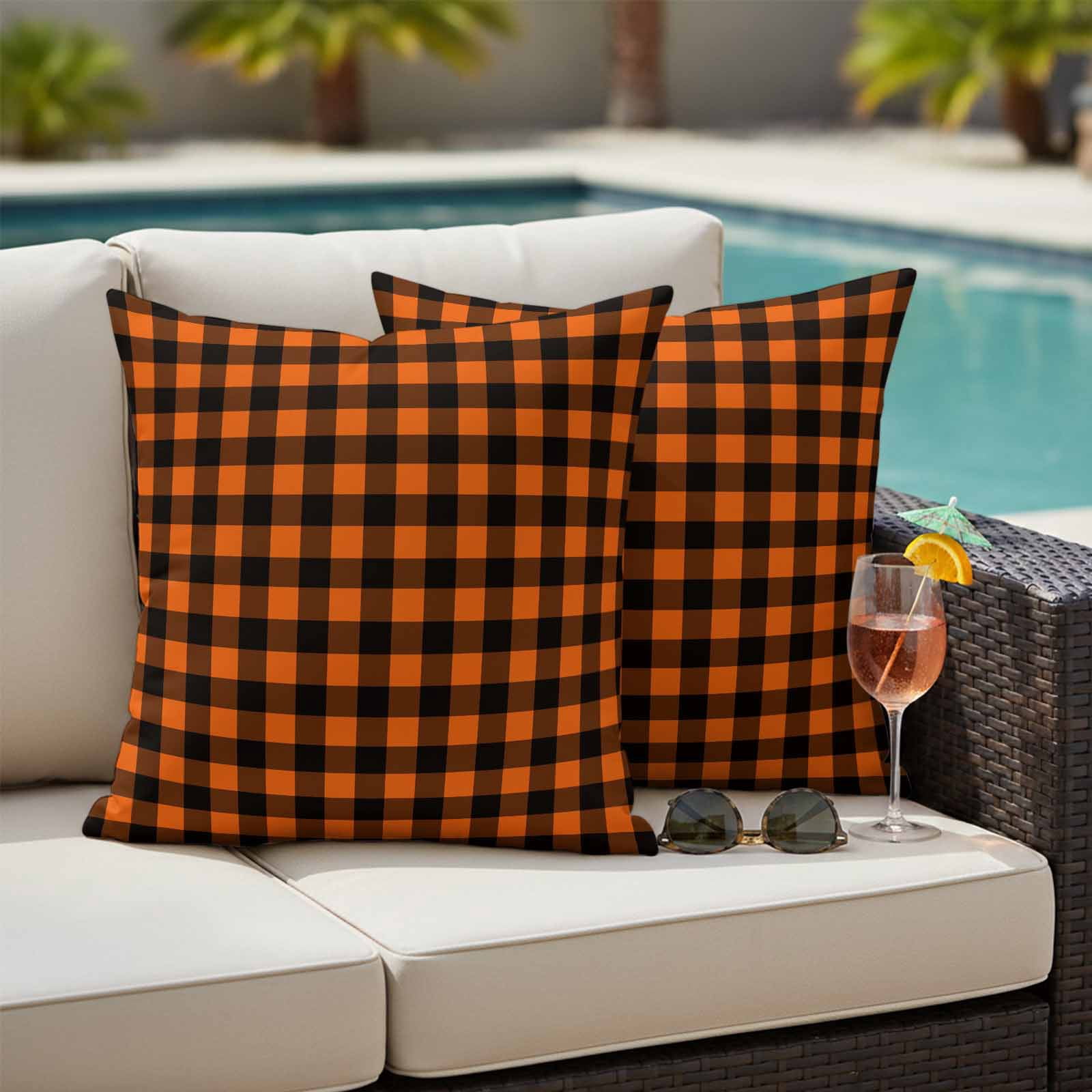 Black Orange Plaid Outdoor Pillow Covers 16x16 Inch Throw Pillow Covers Set of 2 Waterproof Decorative Pillow Cases Farmhouse Buffalo Check Gingham Cushion Covers for Patio Furniture Garden Couch