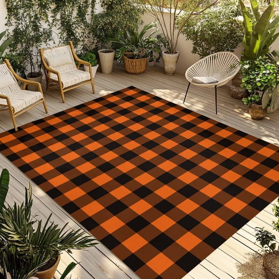 Black Orange Plaid Outdoor Rug 5x7 Ft - Reversible Patio Rug Outdoor Camping Rugs, Farmhouse Buffalo Check Gingham Washable Indoor Outdoor Area Rugs, Non-Slip Outdoor Carpet Runner for Deck/Porch