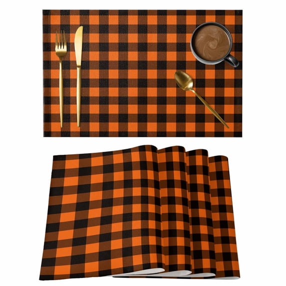 Black Orange Plaid Placemats Set of 8, Farmhouse Buffalo Check Gingham Placemats for Dining Table, Place Mats for Kitchen Tabletop, Waterproof Wipeable Dining Table Mats Set