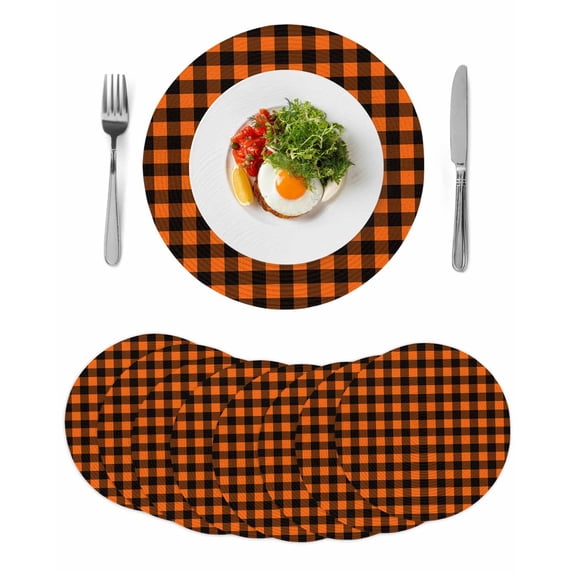 Black Orange Plaid Round Placemats Set of 8 for Dinning Tables,Heat-proof Braided Table Mats 13 Inch,Farmhouse Buffalo Check Gingham Washable Place Mat for Kitchen Restaurant Party Table Decor