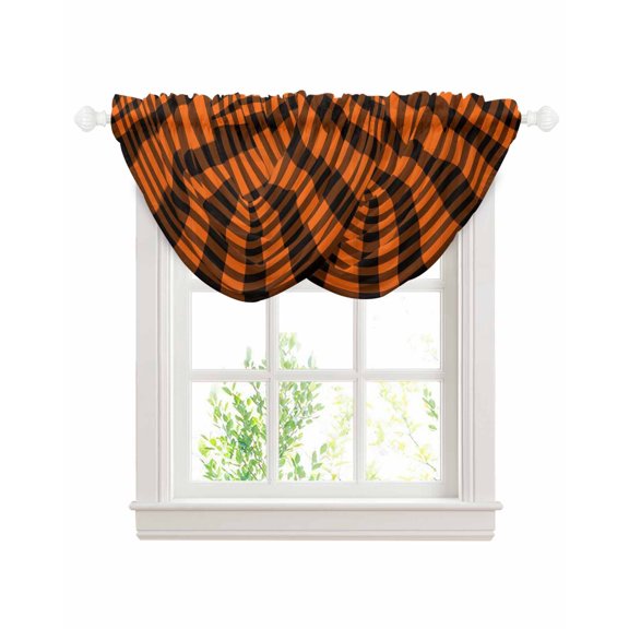 Black Orange Plaid Sheer Waterfall Valance Curtains for Window, Farmhouse Buffalo Check Gingham Rod Pocket Sheer Topper Swag Curtains for Living Room, Kitchen 38.5"W x 47.2"L, 2 Panels