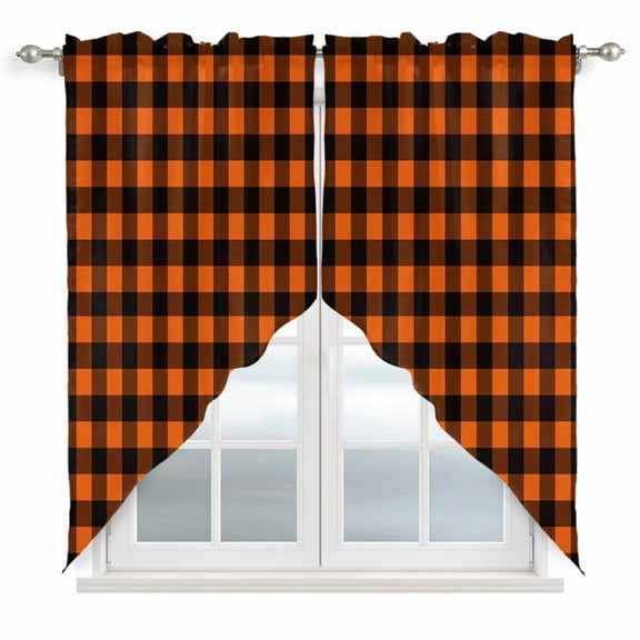 Black Orange Plaid Swag Curtains Farmhouse Buffalo Check Gingham Swag Valances for Kitchen Windows, Window Treatment Topper Curtains for Living Room Bedroom Bathroom, 36" W x 36" L