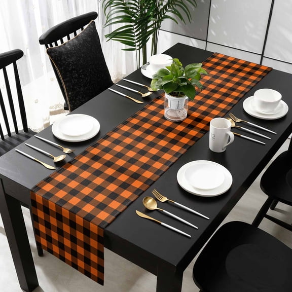 Black Orange Plaid Table Runner 36 Inches Small - Farmhouse Buffalo Check Gingham Kitchen Dining Burlap Linen Tablerunner for Small/Round/Square/Wedding/Coffee/Dining Table Party Home Décor 13 x 36
