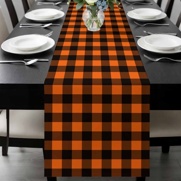 Black Orange Plaid Table Runner 48 Inches Long, Farmhouse Buffalo Check Gingham Kitchen Coffee Dining Table Decoration for Home Party Birthday Wedding Home Decor 13x48 Inches