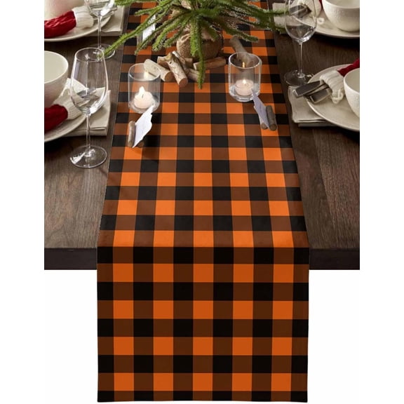 Black Orange Plaid Table Runner Farmhouse Buffalo Check Gingham Tablerunners 13 x 120 Inch, Table Decorations Tabletop Scarf for Summer Gathering Holiday Farmhouse Kitchen Dining Decor