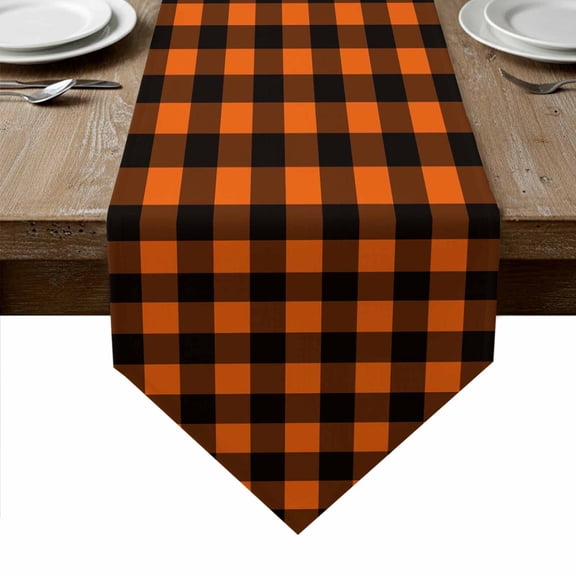 Black Orange Plaid Table Runner Linen Burlap Table Runner 36 Inches Small Farmhouse Buffalo Check Gingham Dresser Scarves for Kitchen Island Coffee Dining Room Party Holiday Decoration 13"x36"