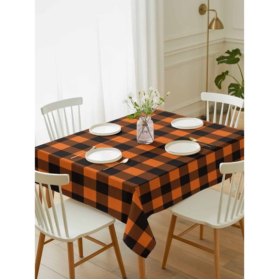 Black Orange Plaid Tablecloth Rectangle Table Cloth 52x70, Waterproof Tablecloth Outdoor Table Cloth, Farmhouse Buffalo Check Gingham Washable Table Cover for Kitchen Dinning Party