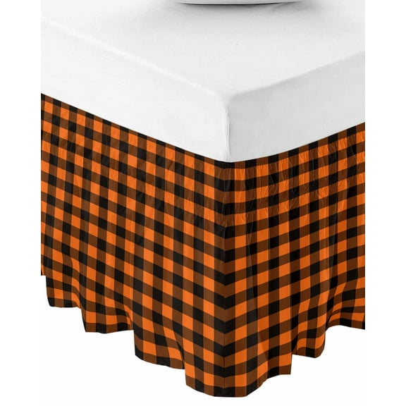 Black Orange Plaid Wrap Around Bed Skirts for Queen Bed 18" Drop,Bed Skirt with Adjustable Elastic Belt Dust Ruffle Bed Valance for Bedroom Hotel Farmhouse Buffalo Check Gingham Bed Frame Cover