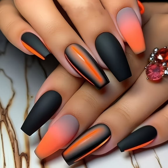 Black Orange Press On Nails 24Pcs Medium Reusable Fake Nails Set
