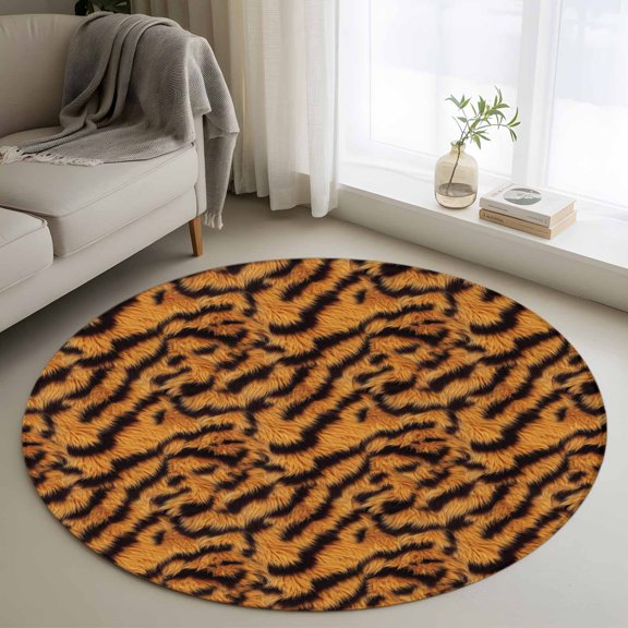 Black Orange Round Area Rug 3.3 FT, Non Slip Small Entryway Kitchen Mat, Vintage Abstract Tiger Stripes Fur Patterned Washable Soft Circular Rug Non-Shedding Door Mat for Bathroom Playroom Kids Room